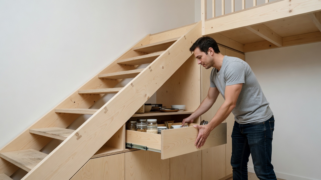Resident pulling out a deep birch plywood pantry drawer built seamlessly beneath a mezzanine staircase