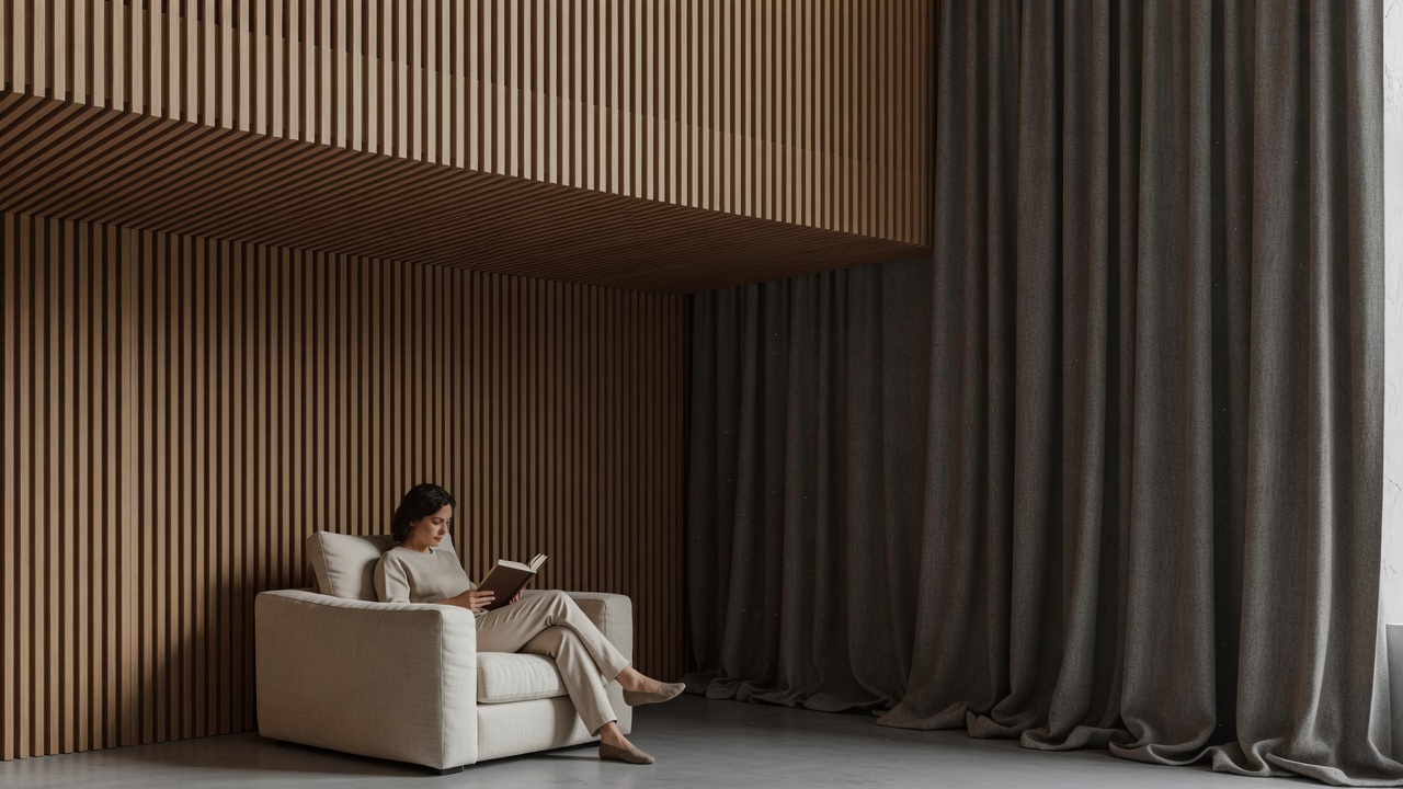 Person reading quietly in a linen armchair beneath a mezzanine soffit lined with oak acoustic slats and heavy wool drapery