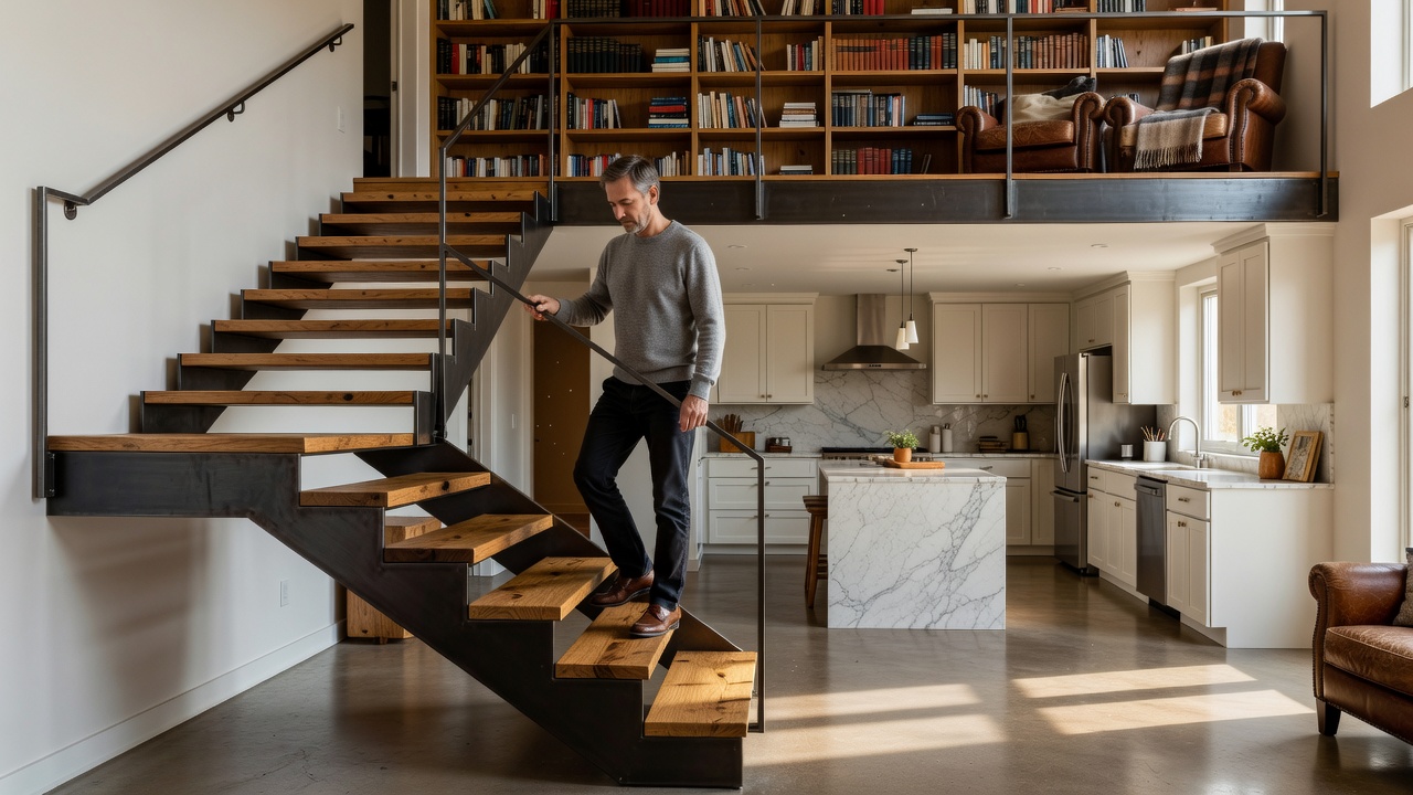 Resident descending a folded steel and oak staircase from a mezzanine reading gallery into a bright kitchen