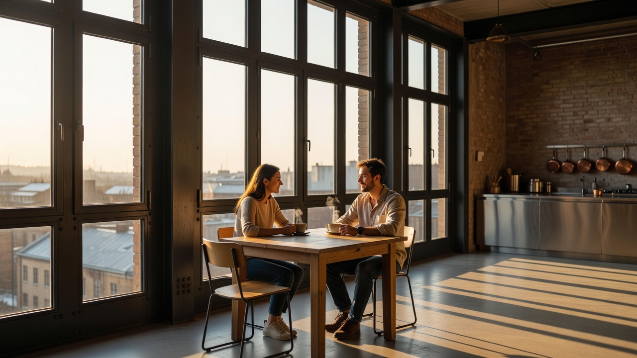 Couple having coffee at a compact oak dining table beside three-metre industrial steel windows with warm sunlight reaching the rear kitchen